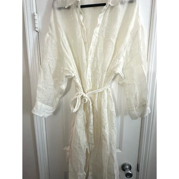 VITAMIN A Playa Linen Shirt Dress Shell Buttons Off-White Metallic Silver - L - Picture 3 of 9